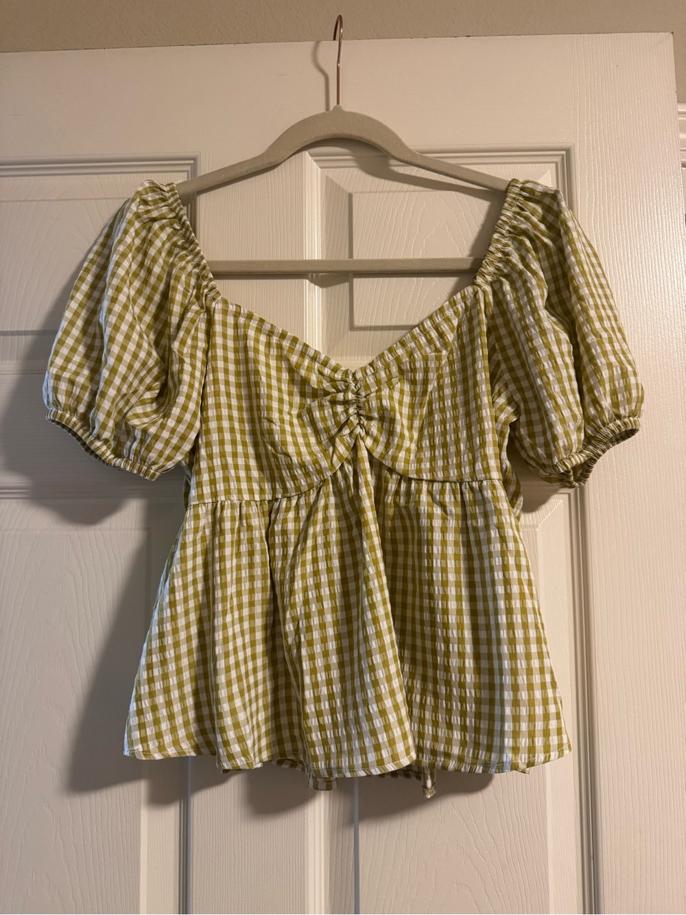 Gingham Puff Sleeve Peplum Top - Sage /White